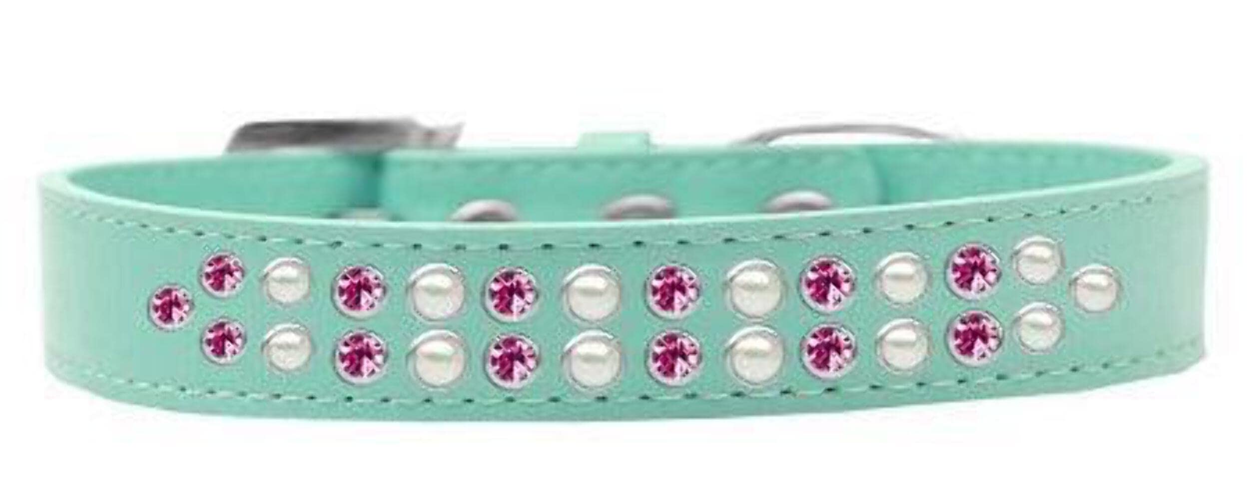 Dog, Puppy & Pet Fashion Collar, Two Row Pearl and Pink Crystal Rimsets Aqua 18