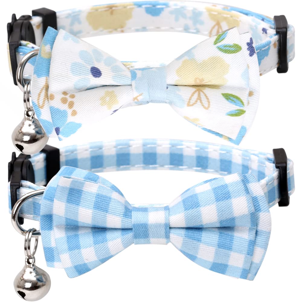 2 Pack/Set Cat Collar Breakaway With Cute Bow Tie And Bell Plaid Flower For Kitty Adjustable Safety