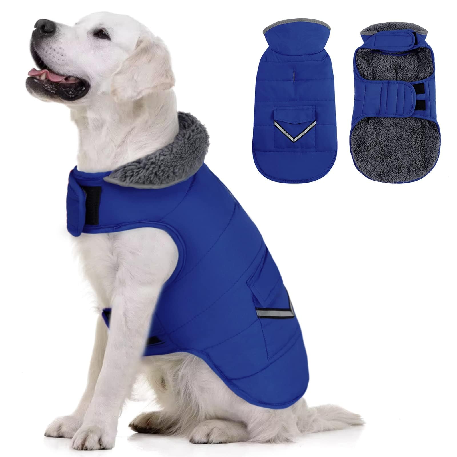 MIGOHI Warm Dog Coat - Winter Dog Jacket, Reflective Windproof Fleece Vest with Leash Hole and Furry Collar, Blue, Small to Larg