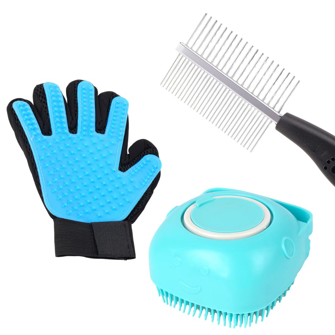 Pet Grooming Set with Silicone Brush Glove and Massaging Brush, Blue and Black, Professional Dog and Cat Hair Removal Tool(PACK 