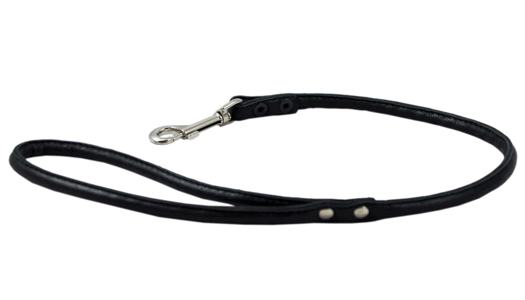 Round Genuine Rolled Leather Dog Short Leash 24 Long 3/8 Wide Black For Medium Breeds