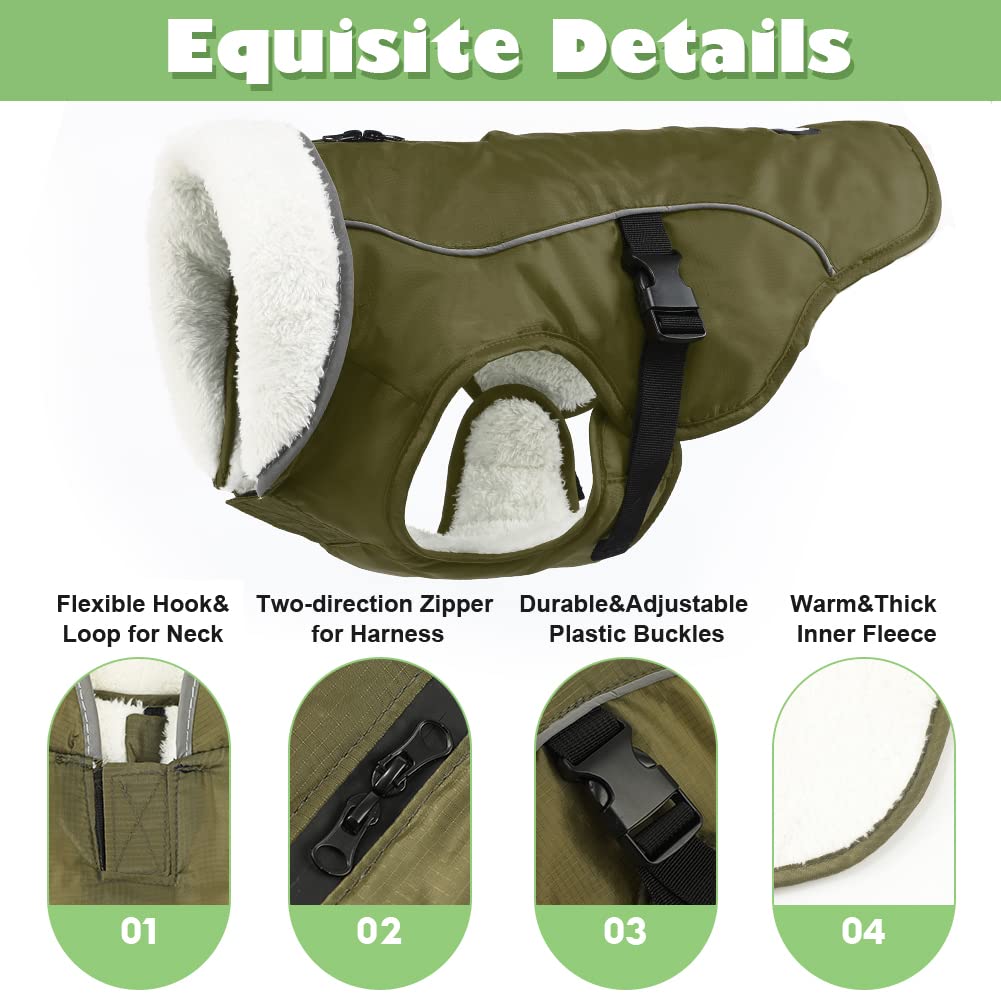 EMUST Winter Dog Jacket, Windproof Dog Apparel for Cold Weather, Reflective Coats for Dogs, Warm Puppy Jacket, Green, S