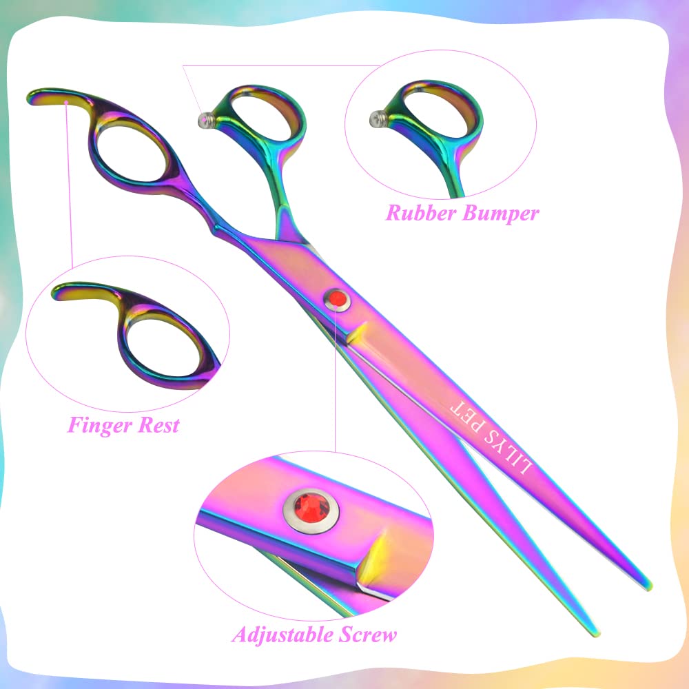 Lilys Pet High-End Series Japan 440C Stainless Steel Professional Pet Grooming Scissors Set,Rainbow Color,Cutting&Thinning&Two-Way Curved Shears Set (8.0')