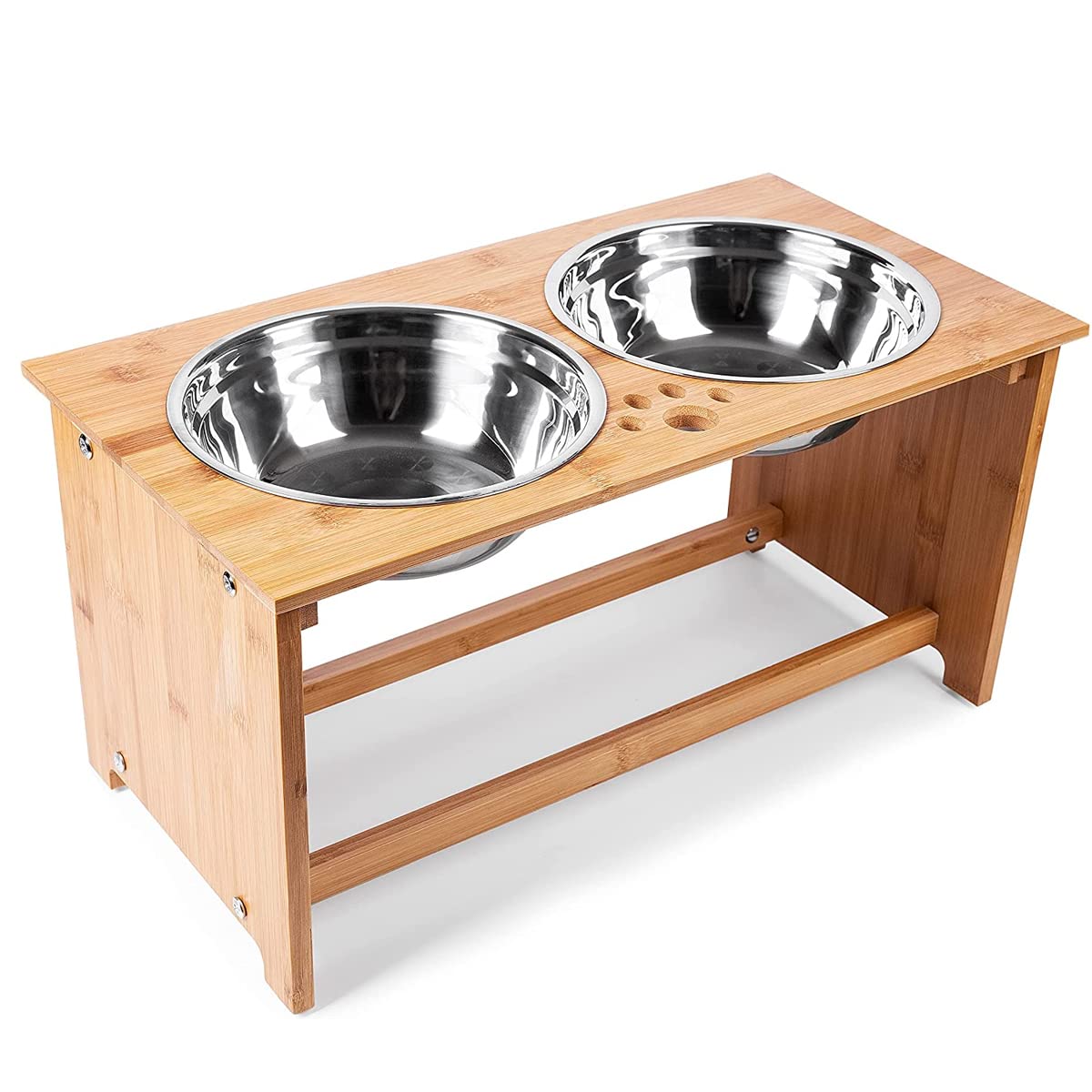 Vaygway Elevated Dog Bowls – Diner Adjustable Raised Pet Bowl For Cat And Dog – Bamboo Stand With Stainless Steel Bowls – Raised Dog Bowl And Water Stand – Anti Slip No Slip For Pets Dogs And Cats