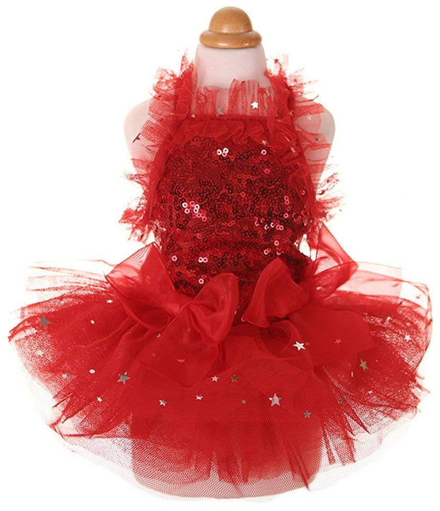 Marupet Fashion Sweet Puppy Dog Blingbling Princess Skirt Pet Dog Lace Cake Camisole Tutu Dress Red Xl