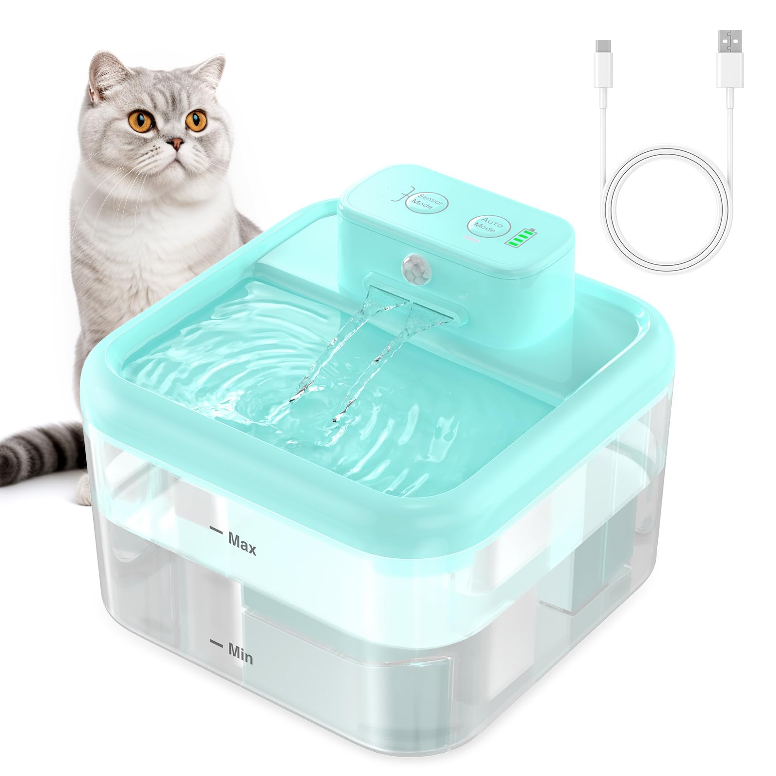Cat Water Fountain Cordless, Battery Operated Cat Fountain Indoor, Wireless Automatic Water Dispenser For Cats Drinking With Mot