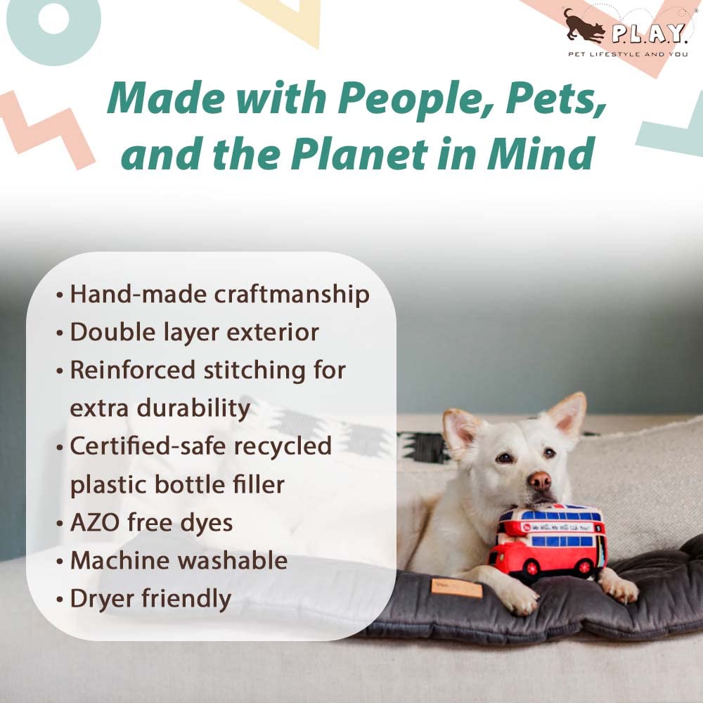 P.L.A.Y. Cute Plush Dog Toys - Canine Commute, Travel Themed Durable Squeaker Chew Toy, Great For Puppies & Small, Medium, Large Dog Breeds - Machine Washable, Recycled Materials (Lickety-Split Bus)
