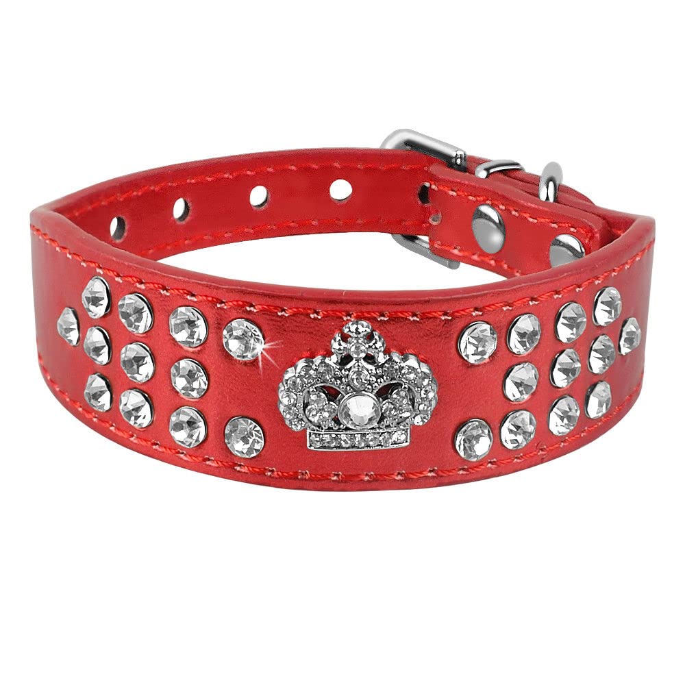 Rhinestone Dog Collar, Crown Rhinestone Diamante Jewelry Crystal Adjustable Pu Leather Pet Dog Cat Puppy Collar (M:10-12.5', Re