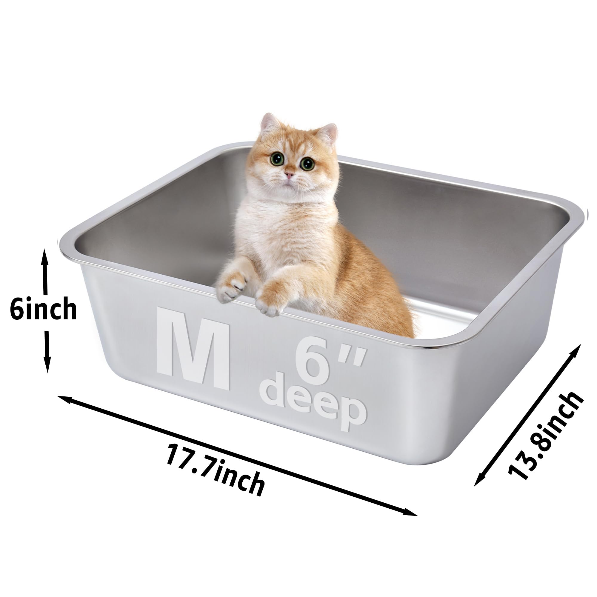 Egmehoad Stainless Steel Cat Litter Box Medium, Metal Litter Box-Stainless Steel For Cat/Kitty/Rabbits 17' L X 13.8' W X 6' H