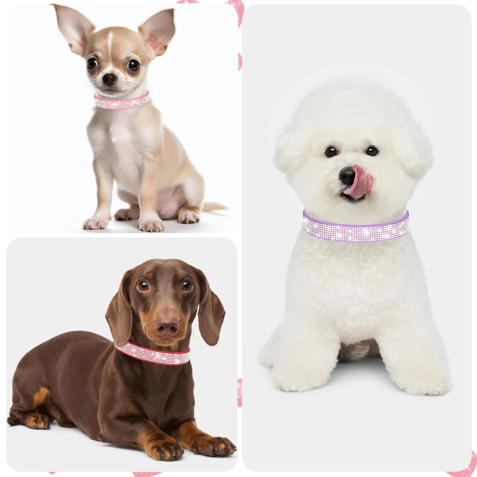 Glitter Dog Collar Xxs, 2-Pack Pink+Purple Bling Diamond Kitten Collar Soft Suede Sparkle Rhinestone Jewelry Crystal Female Pupp