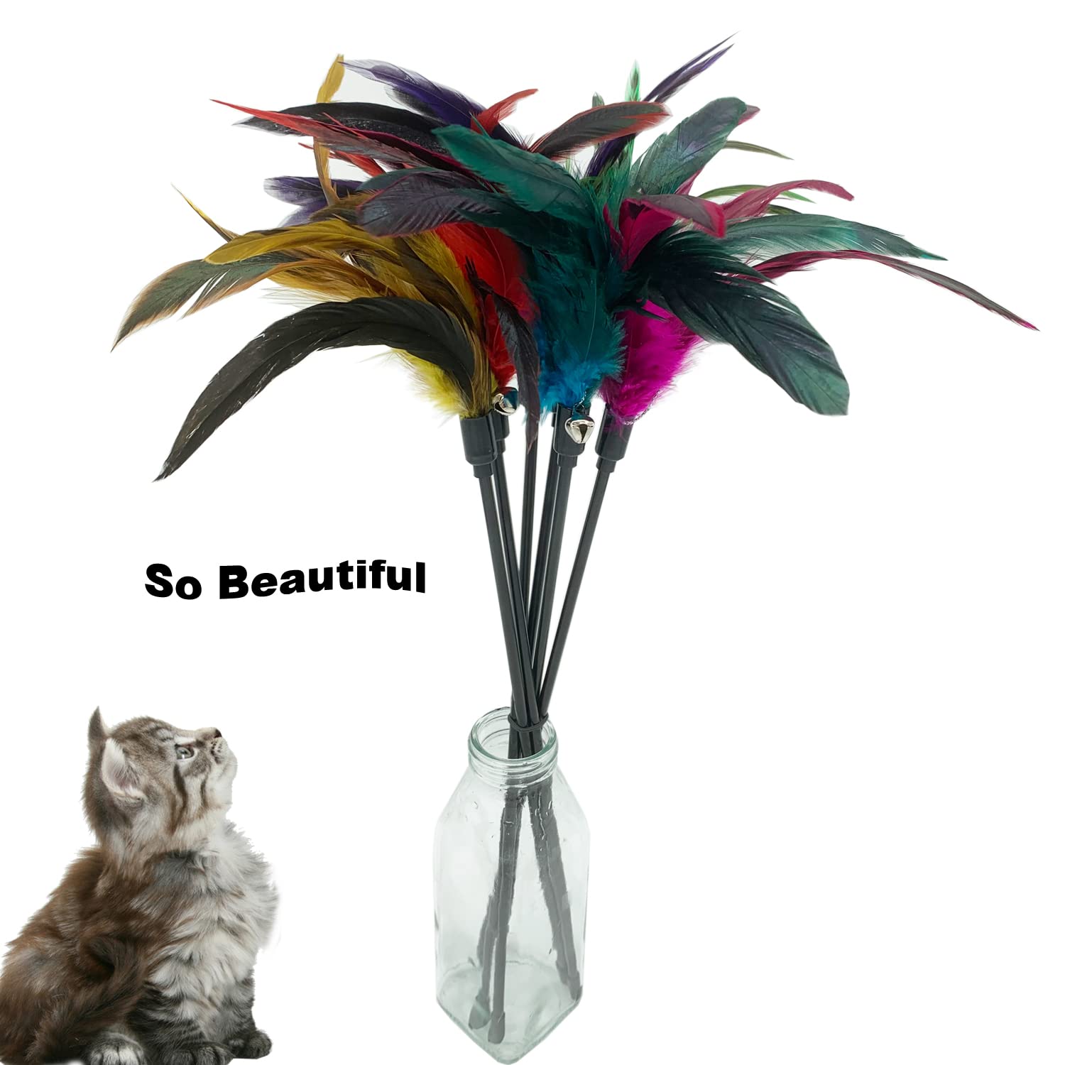 CATENESS Cat Wand Toy Feather Stick - 6 PCS Interactive Toys for Indoor Cats, Colorful Cat Feathers for Playtime Fun