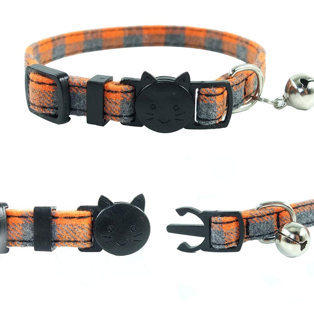 Cat Collars Breakaway With Bell And Bow Tie, Plaid Design Adjustable Safety Kitty Kitten Collar(6.8-10.8In) (Orange Plaid)