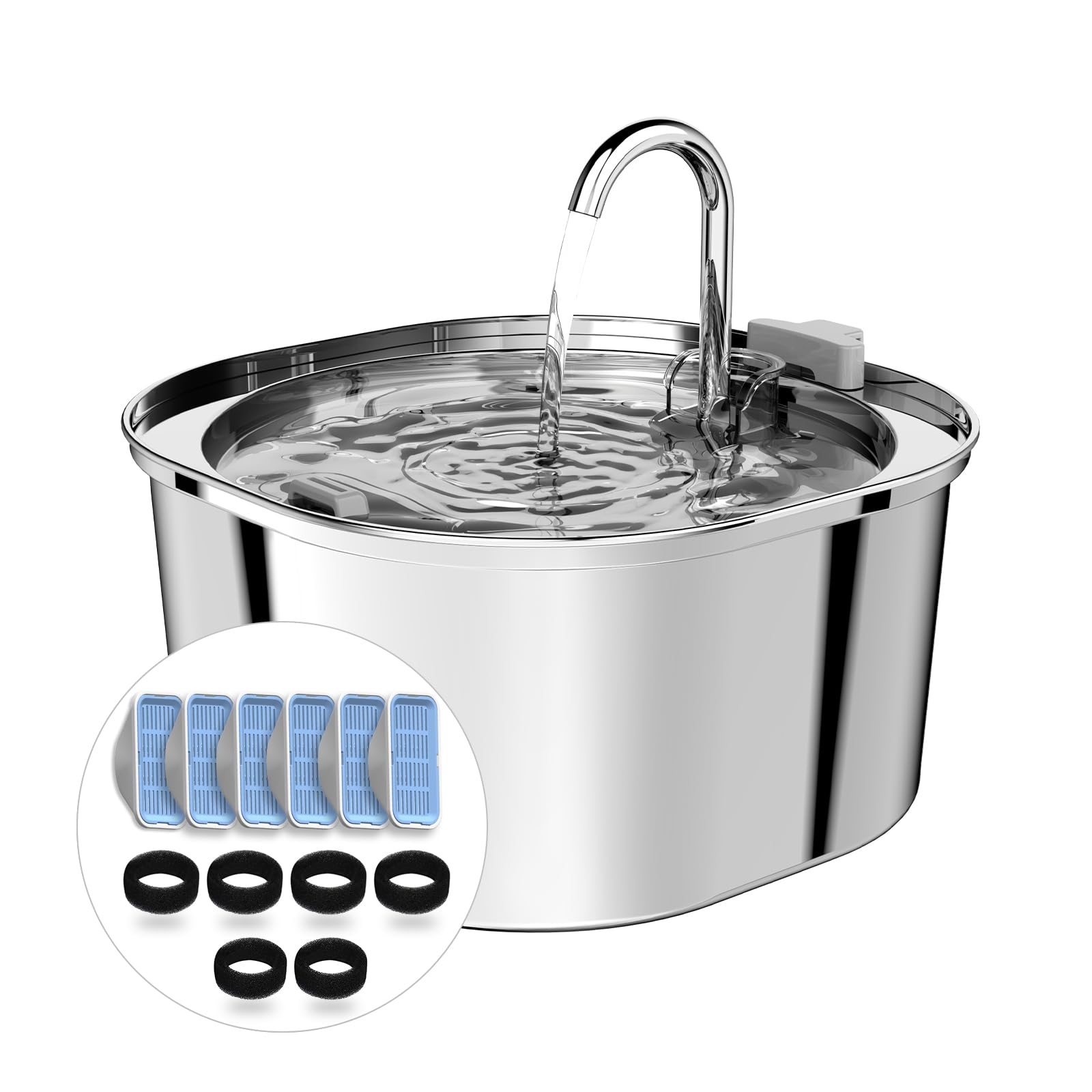 Pektaco Cat Water Fountain, 3.2L/108Oz Stainless Steel Pet Water Fountain For Cats/Dogs Indoor, Dog Drinking Dispenser Metal Kitty Spout With 6 Replacement Filters