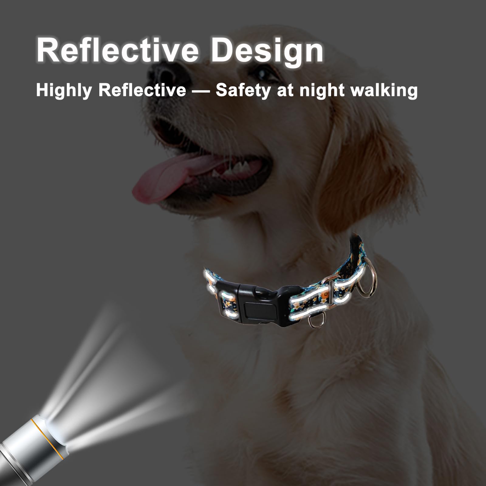 Fidohug Reflective Martingale Dog Collar With Buckle Soft Nylon Floral No Slip Dog Collars For Large Dogs (Black Orange Flowers,