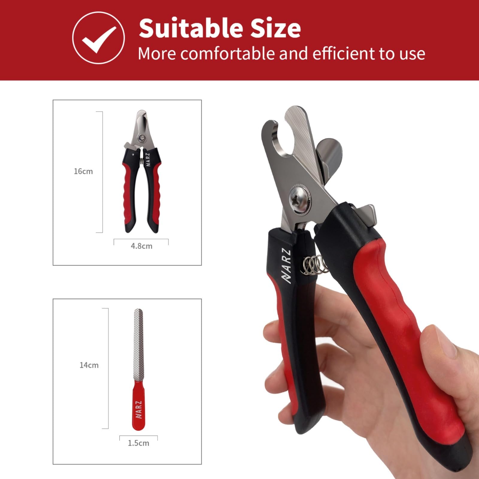 NARZ Professional Dog Nail Clippers & Cat Nail Trimmers, Regular Size, Red Rubber, Includes Safety Lock & Nail File