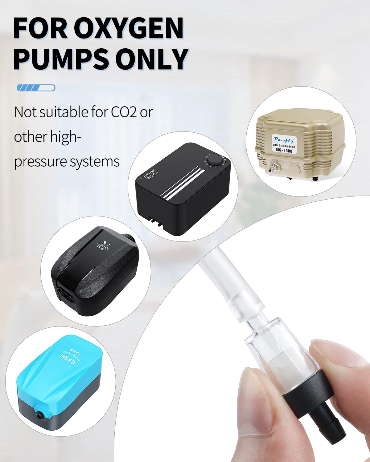 Pawfly Aquarium Check Valves For Common Air Pumps Black Plastic 1-Way Non-Return Valves Pump Protectors For Standard 3/16 Inch A