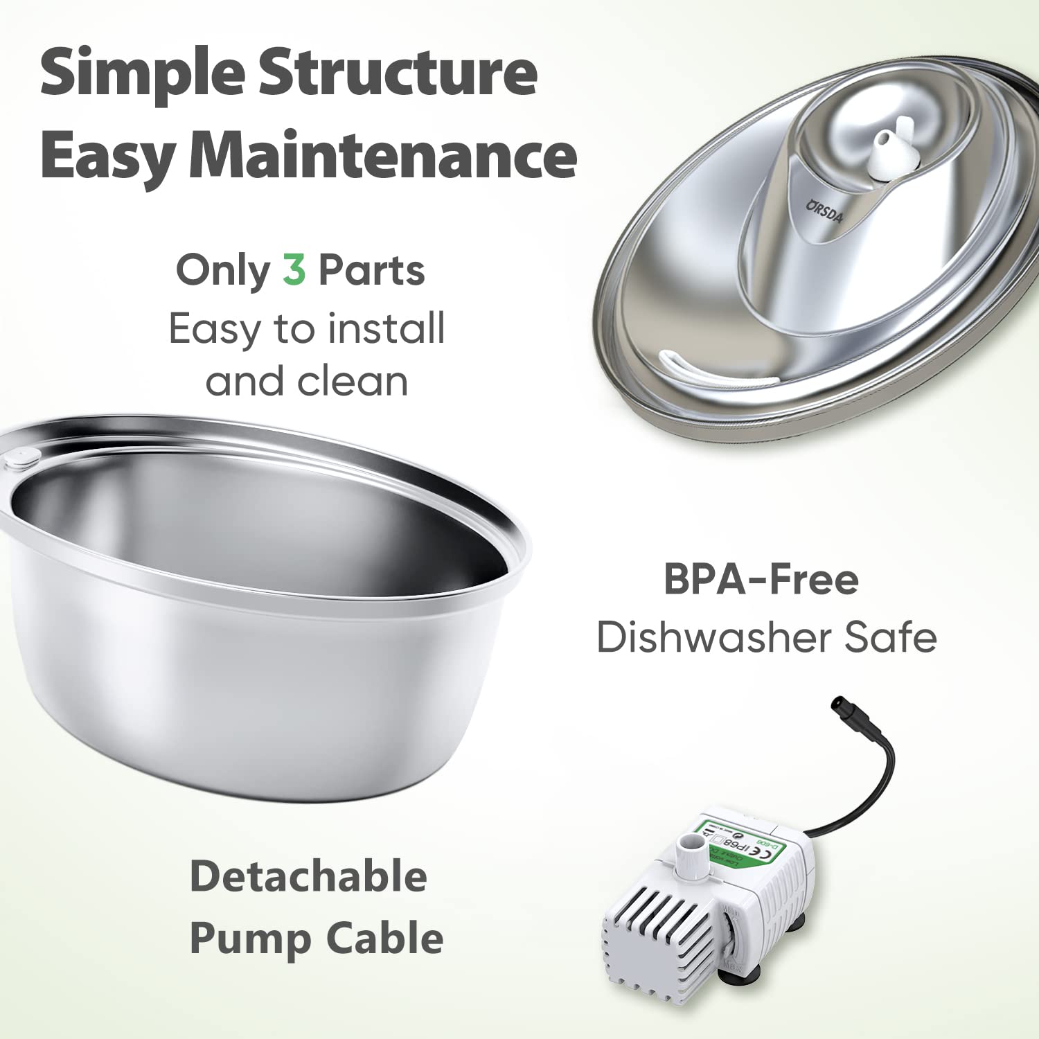 ORSDA Stainless Steel Cat Water Fountain 3L, Automatic Pet Fountain with Silicone Mat, Filter x 6, Model D60