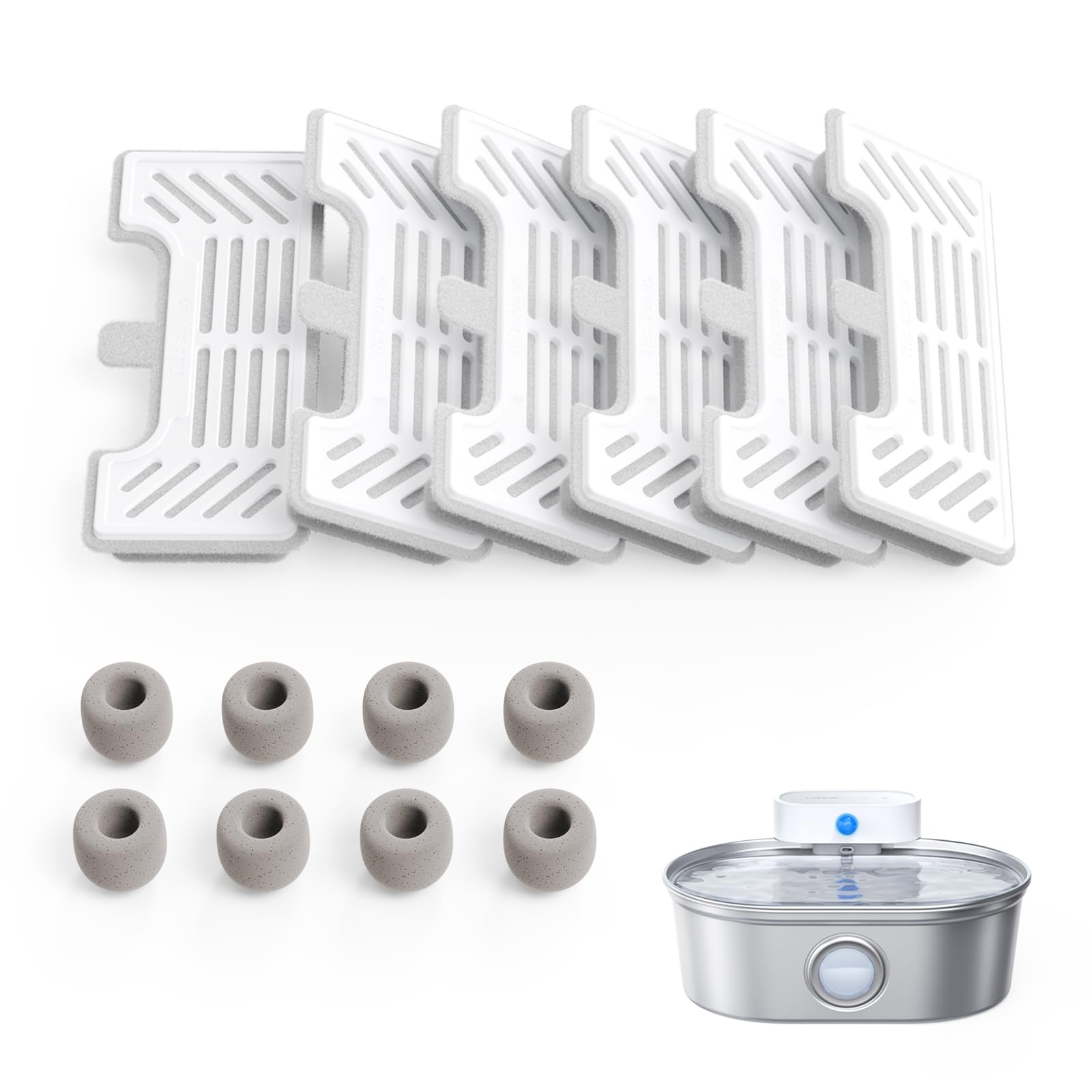 uahpet 6 Pack Replacement Filters & 8 Pack Replacement Filter Sponges for Stainless Steel Pet Fountain Pro (with water level win