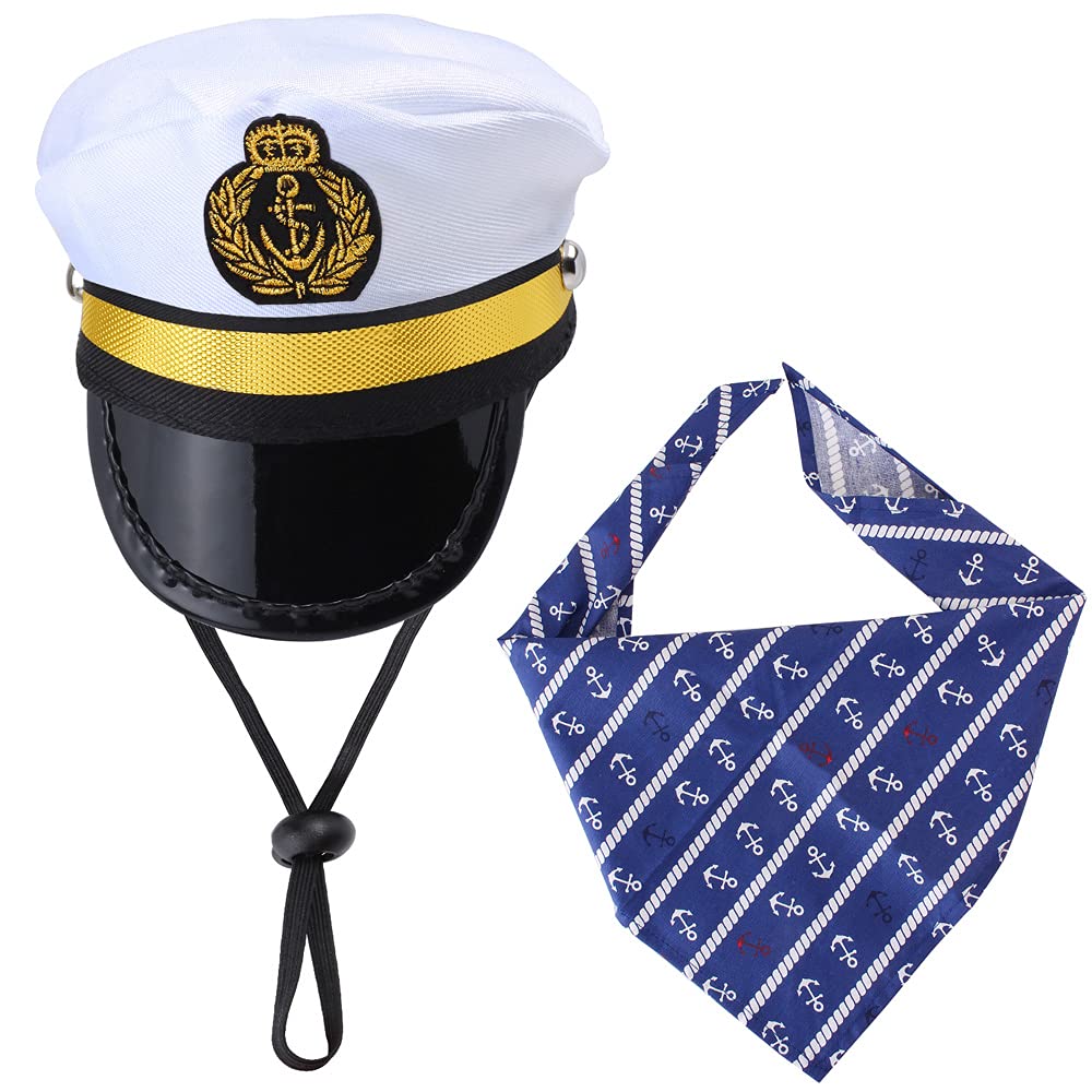 Yewong Pet Captain Sailors Costume Set Dog Cat Sea Captain Hat With Pet Anchor Triangle Bibs Scarf For Cat Puppy Navy Halloween Cosplay Costume Accessories Photo Props (White-B)