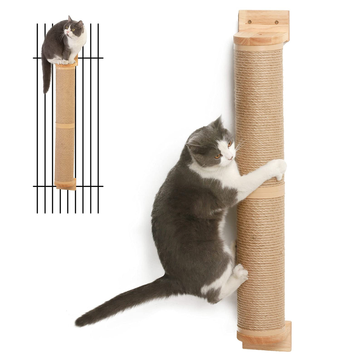 Fukumaru Cat Scratching Post, 35 X 4.5 Inch Cat Wall Furniture, Rubber Wood Wall Mounted Cat Scratcher Posts For Large Cats, Thicker Columns For Multi-Functions