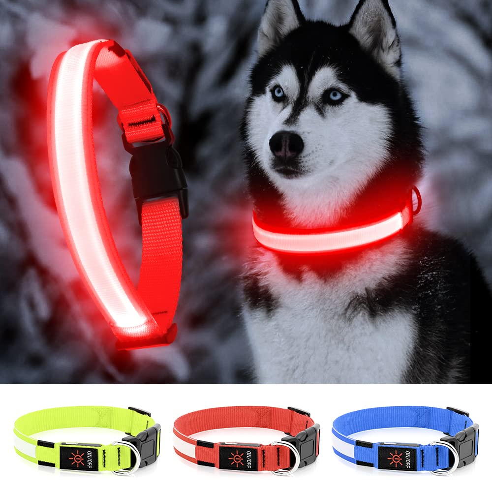 Yfbrite Ultra Light Usb Rechargeable Led Dog Collar - Adjustable Light Up Dog Collar - Waterproof Dog Collar - Flashing Dog Collar Visiblity & Safety For Your Dogs (Red, X-Large)