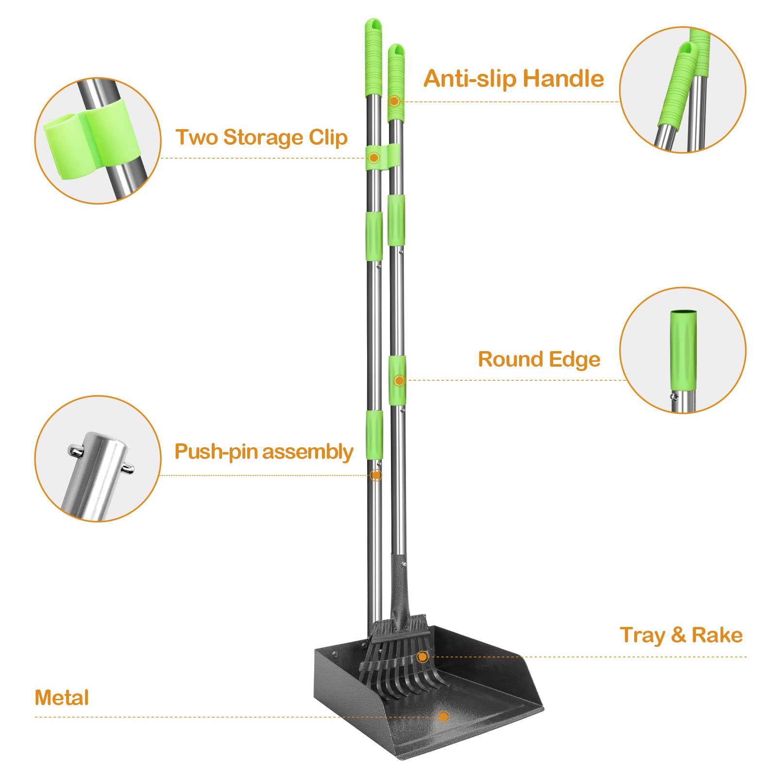 Tooge Larger Pooper Scooper For Large Dogs, Dog Pooper Scooper Long Handle Stainless Metal Tray And Rake Set For Large Medium Sm
