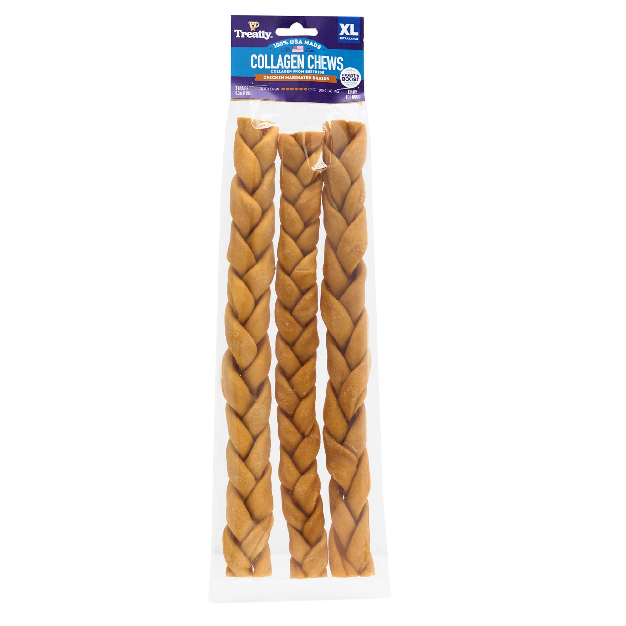 Treatly USA Collagen Braids 12-13 Dog Chew Treats - Chicken Marinade Flavor, 3 Count/1 Pack