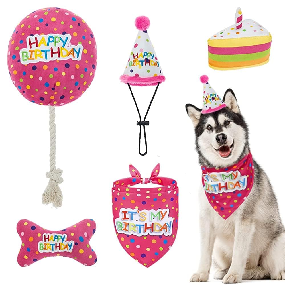 Bingpet Dog Birthday Bandana Set With Cake,Dog Birthday Cake And Balloon,Dog Birthday Party Supplies For Boys And Girls,Puppy Chew Toys Gift For Large And Extra Large Dogs Pets - Pink