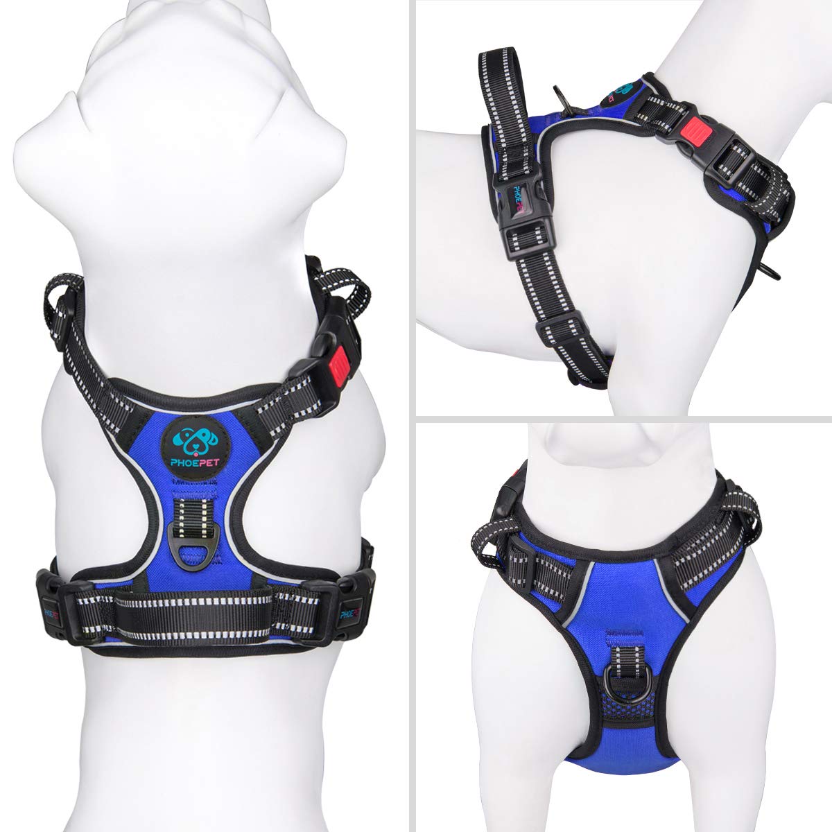 Phoepet No Pull Dog Harness Medium Reflective Front Clip Vest With Handle,Adjustable 2 Metal Rings 3 Buckles,[Easy To Put On & Take Off](Xl, Royal Blue)