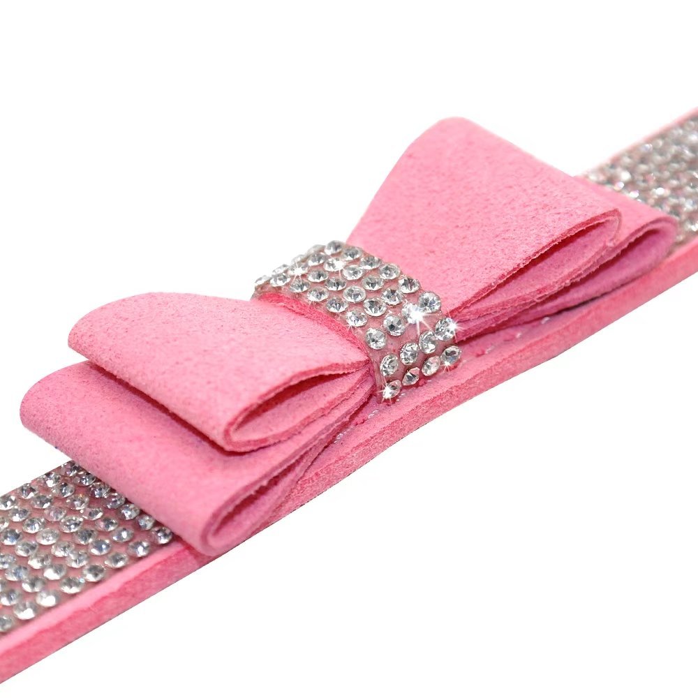 Beirui Rhinestone Bling Leather Dog Collar And Leash Set - Soft Flocking Sparkly Crystal Diamonds Studded - Cute Double Bowknot Collar With 4 Foot Leash For Pet Show,Pink,Neck Fit 10-12.5'