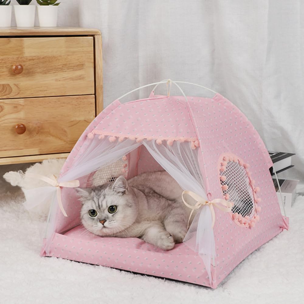 Cat Bed Tents Dog House Indoor Outdoor Lace Mesh Breathable Windows Door Curtains Removable Portable Nest Teepe House (Small,Pin