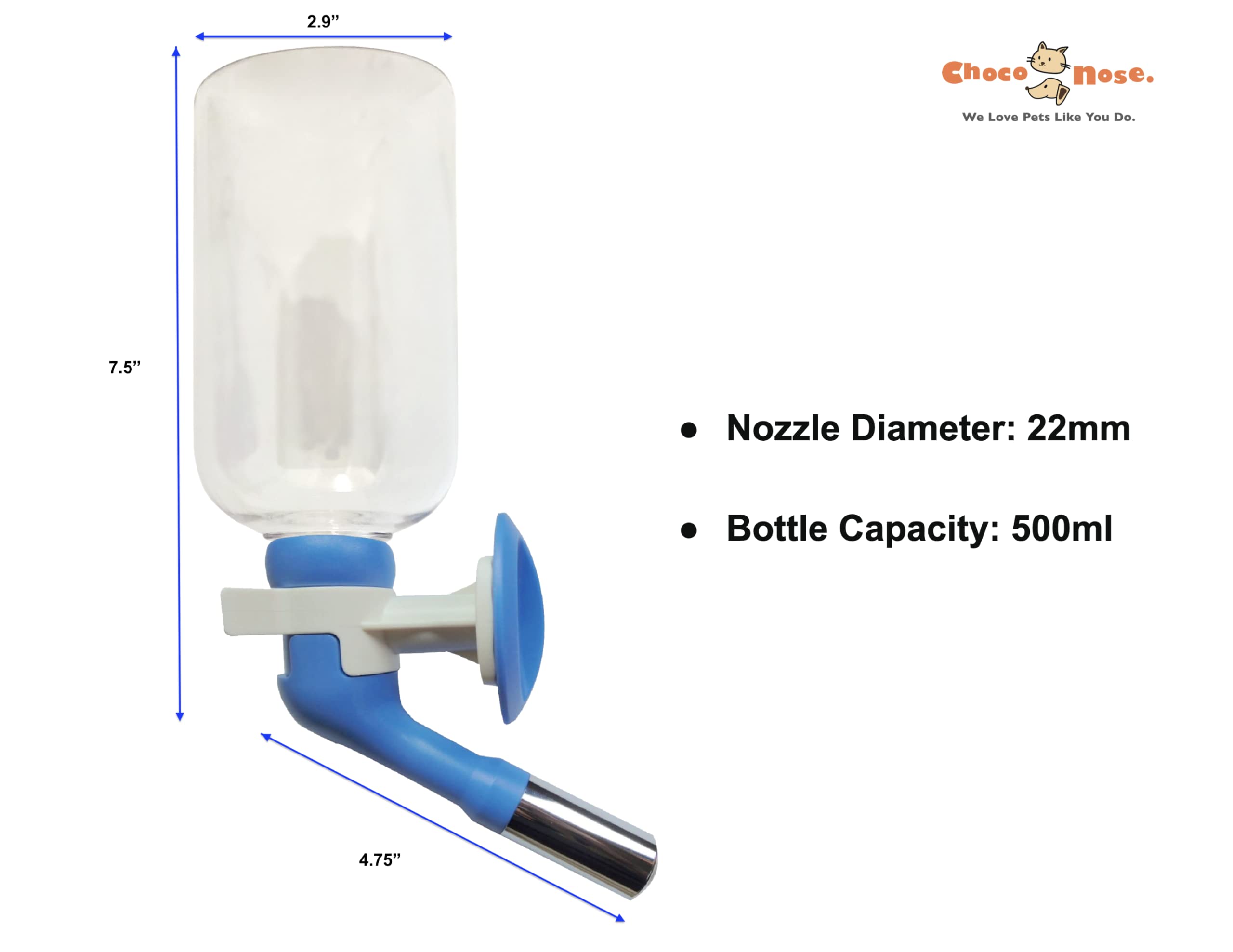 Choco Nose Patented Large No-Drip Water Bottle/Feeder Only For Large Size Dogs Over 50 Lbs - For Wire Cages, Crates Or Kennels. 16 Oz. X-Large Nozzle 22Mm, Blue (C570)