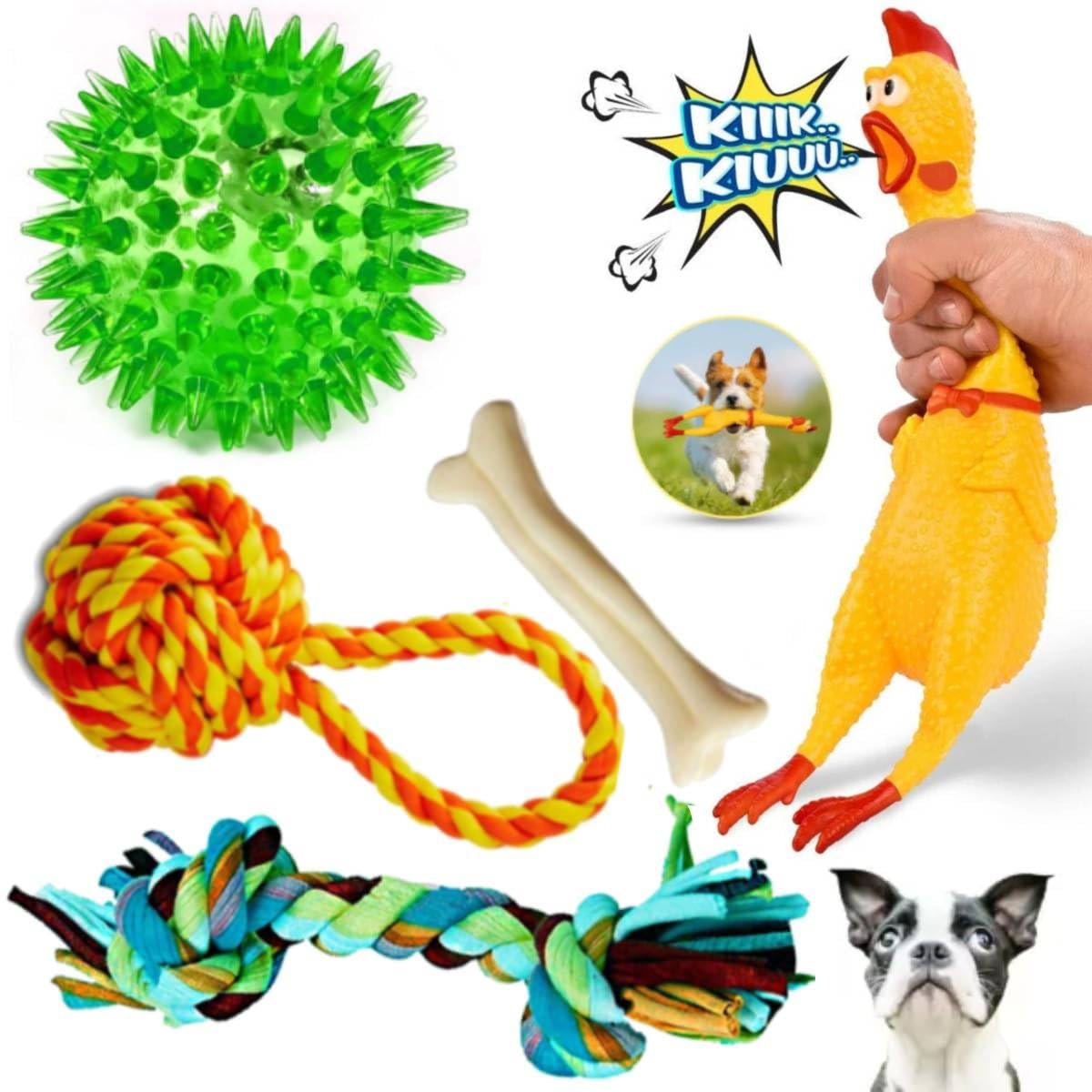 PSK PET MART Dogs Squeaky Squawking Chicken Rubber Dog Toys with Sound | Handle Rope Ball Toy | 2 Knot Rope | Spike Ball | Nylon