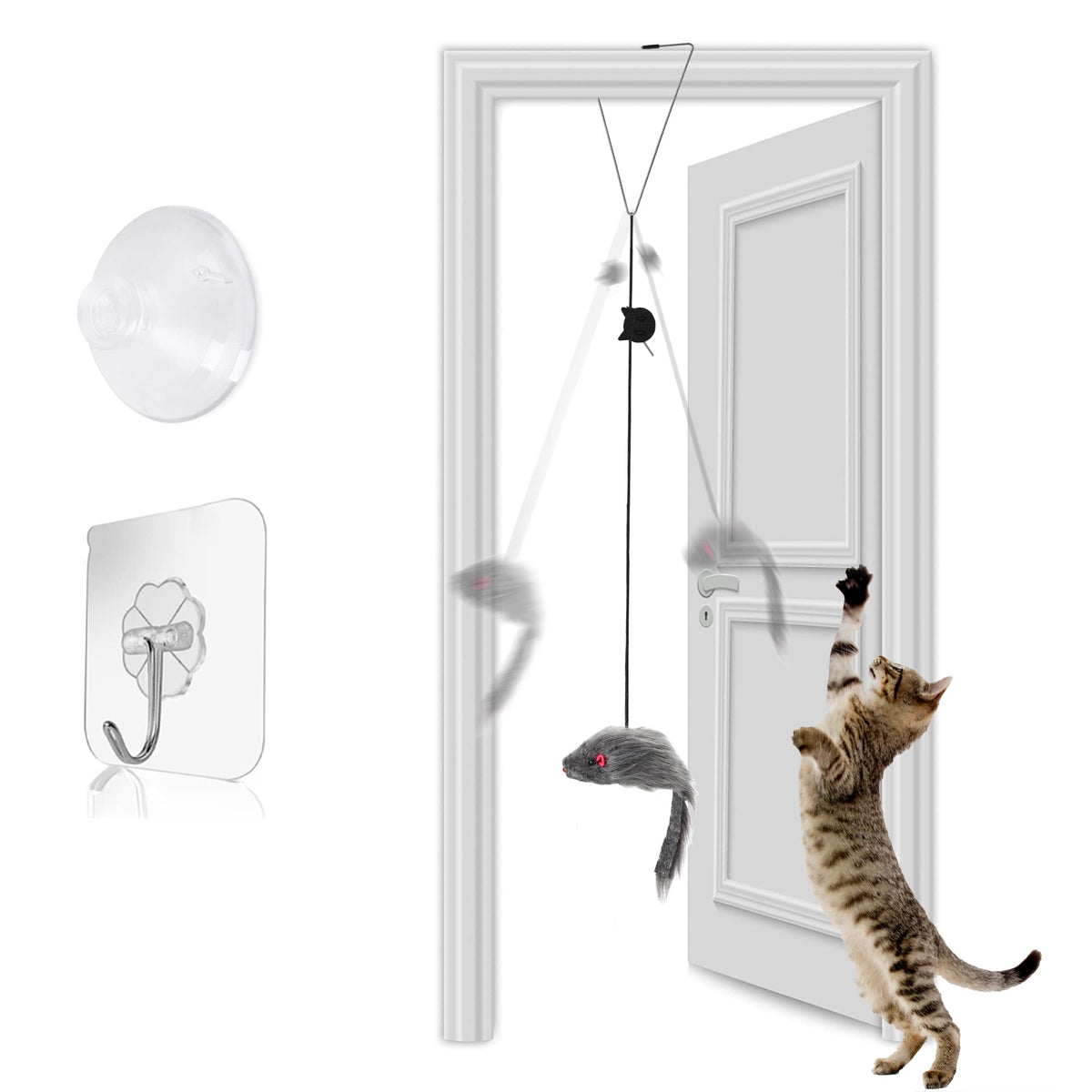 Fynigo Self-Play 3 Ways Hanging Door Cat Mouse Toys For Indoor Cats Kitten,Interactive Cat Mice Toys For Hunting Exercising Eliminating Boredom, For Small Breeds