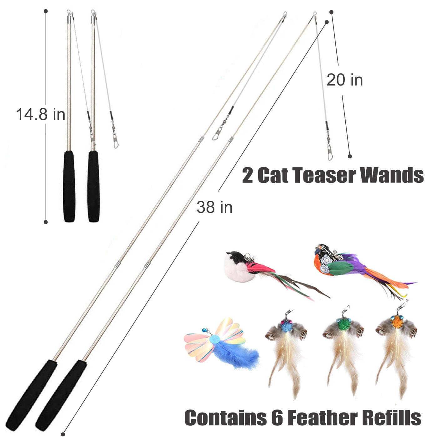 Aobvrey Interactive Cat Wand Toys Set, 2Pcs Cat Teaser With 6 Replacement Birds, Feathers & Bells For Indoor Play