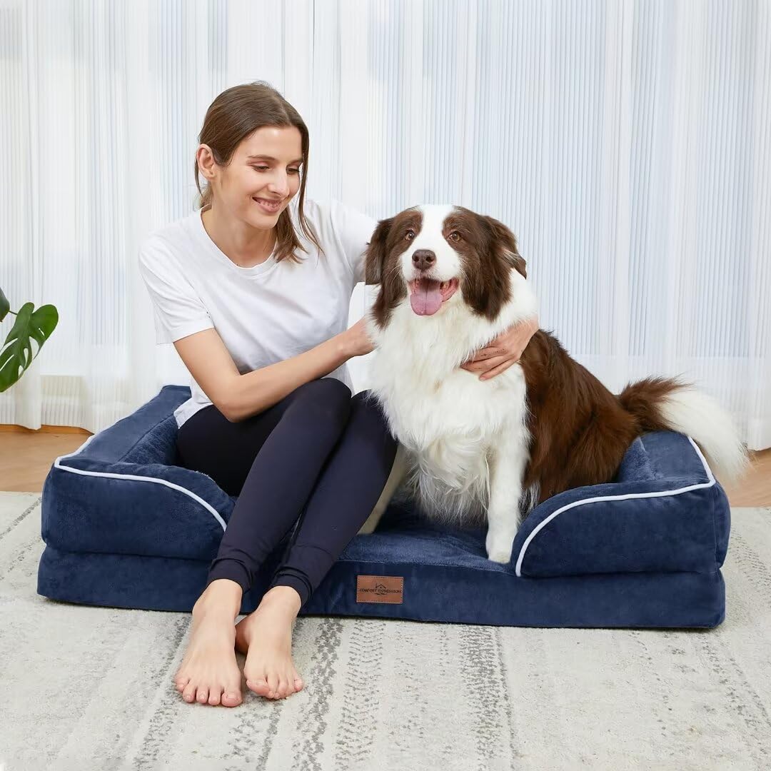 Comfort Expression Extra Large Dog Bed, Waterproof Orthopedic Foam Bed With Bolster, Washable Sofa Pet Bed With Removable Cover & Non-Slip Bottom (X-Large, Navy Blue)