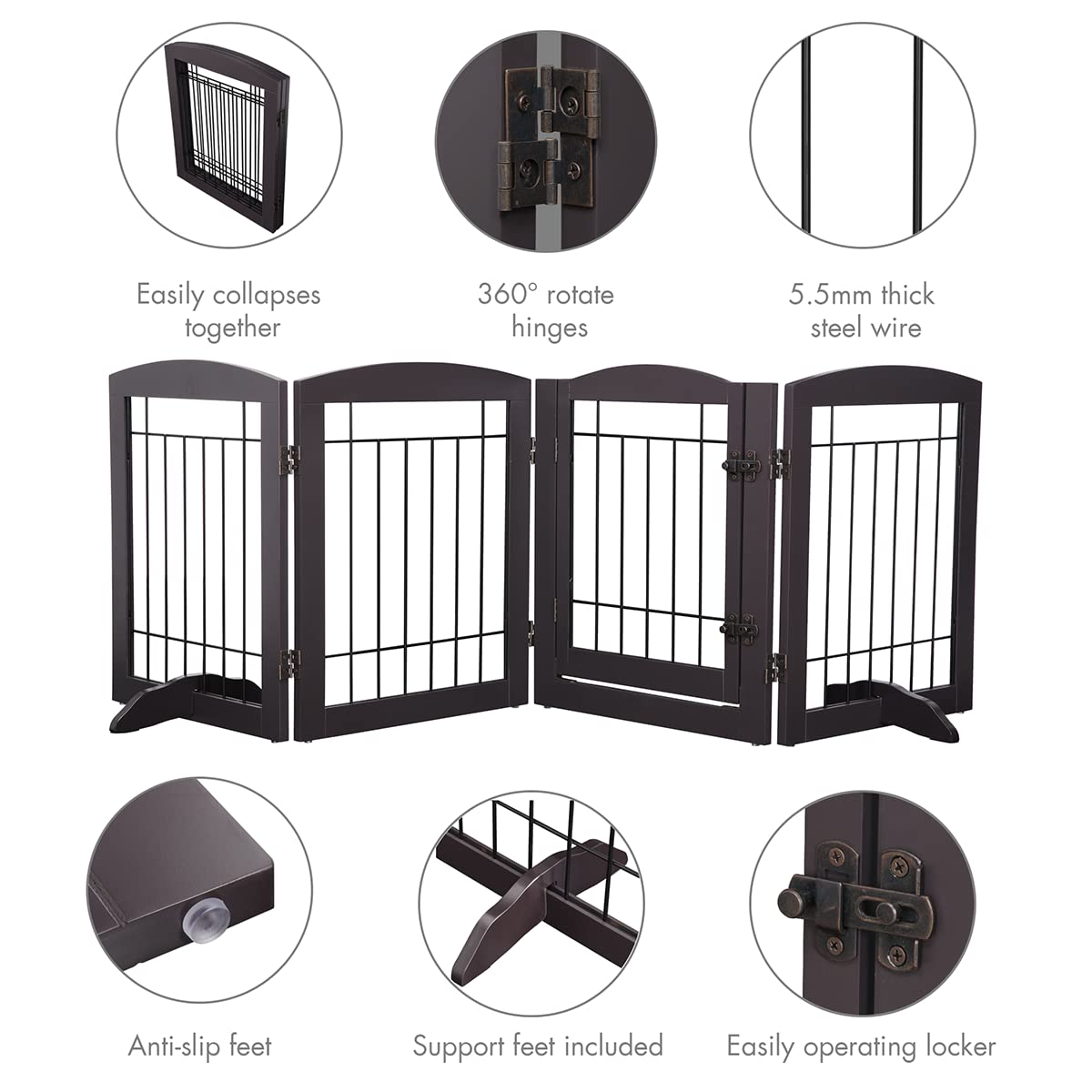 Pawland Free Standing Pet Gate With Door Walk Through, Dog Gate For The House, Doorway, Stairs, 80 Inch Wide Puppy Safety Fence, Support Feet Included, 4 Panels, 24 Inches Tall (Espresso)