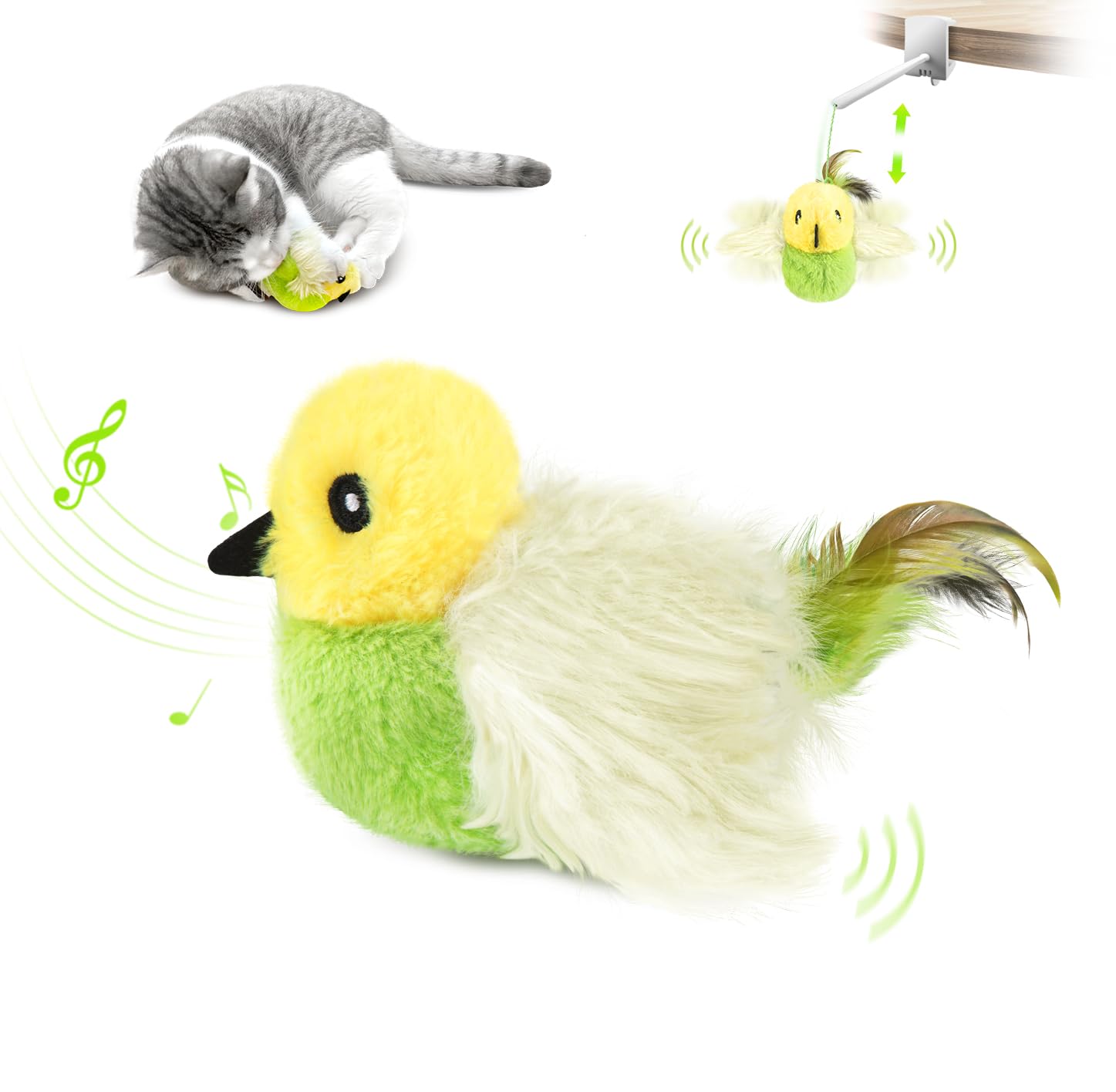 Migipaws Cat Toys,Interactive Lifelike Amakihi Flying Flapping Bird With Catnip, Feathers Hanging By Elastic String, Automatic C