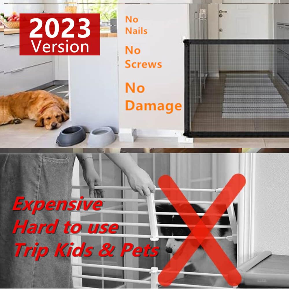 Baby Gate for Stairs No Drill - 43.3'' W x 28.3'' H Portable Retractable Mesh Dog Gate for Stairs No Drilling Magic Gate Pet Gat