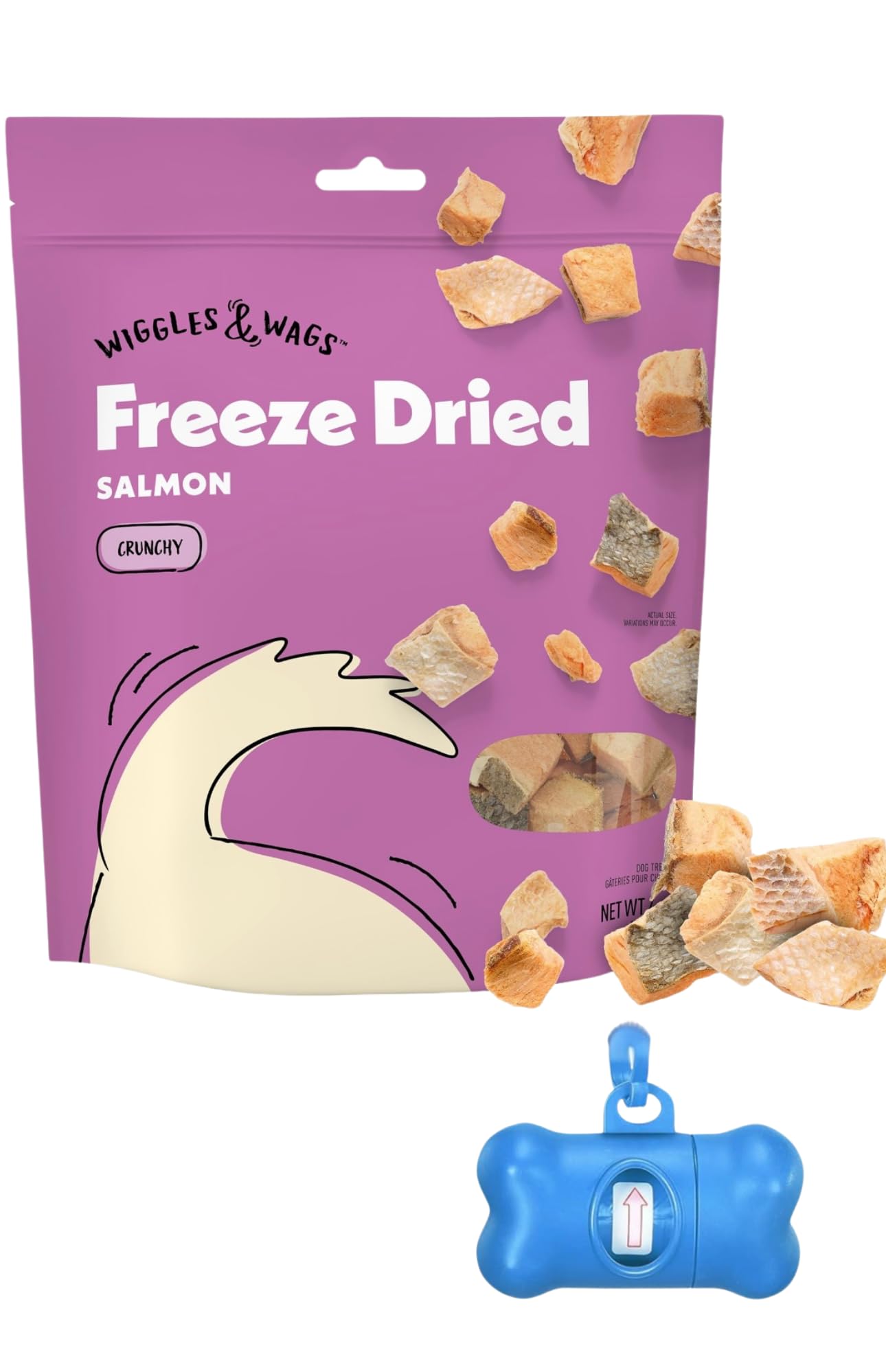 Wiggles and Wags Freeze Dried Salmon Dog Treats, 4 oz, with DN Essentials Bone Shaped Waste Bag Dispenser & Free Roll!