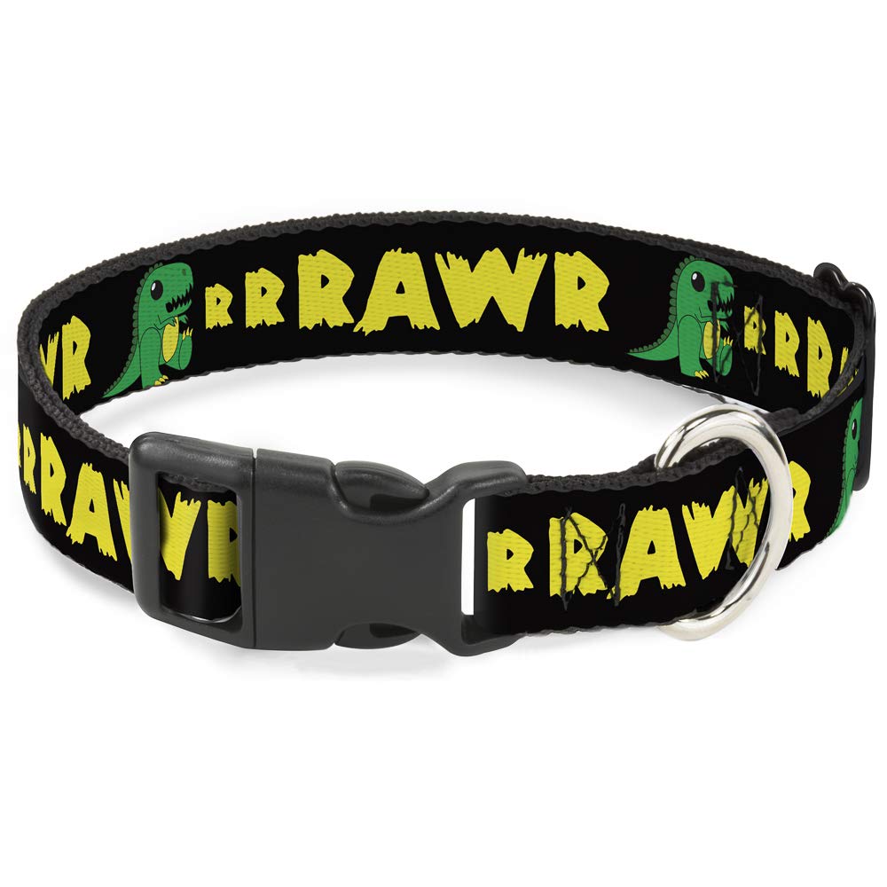 Buckle-Down Plastic Clip Collar - Rrrawr Dinosaur Black/Green/Yellow - 1/2'' Wide - Fits 8-12'' Neck - Medium