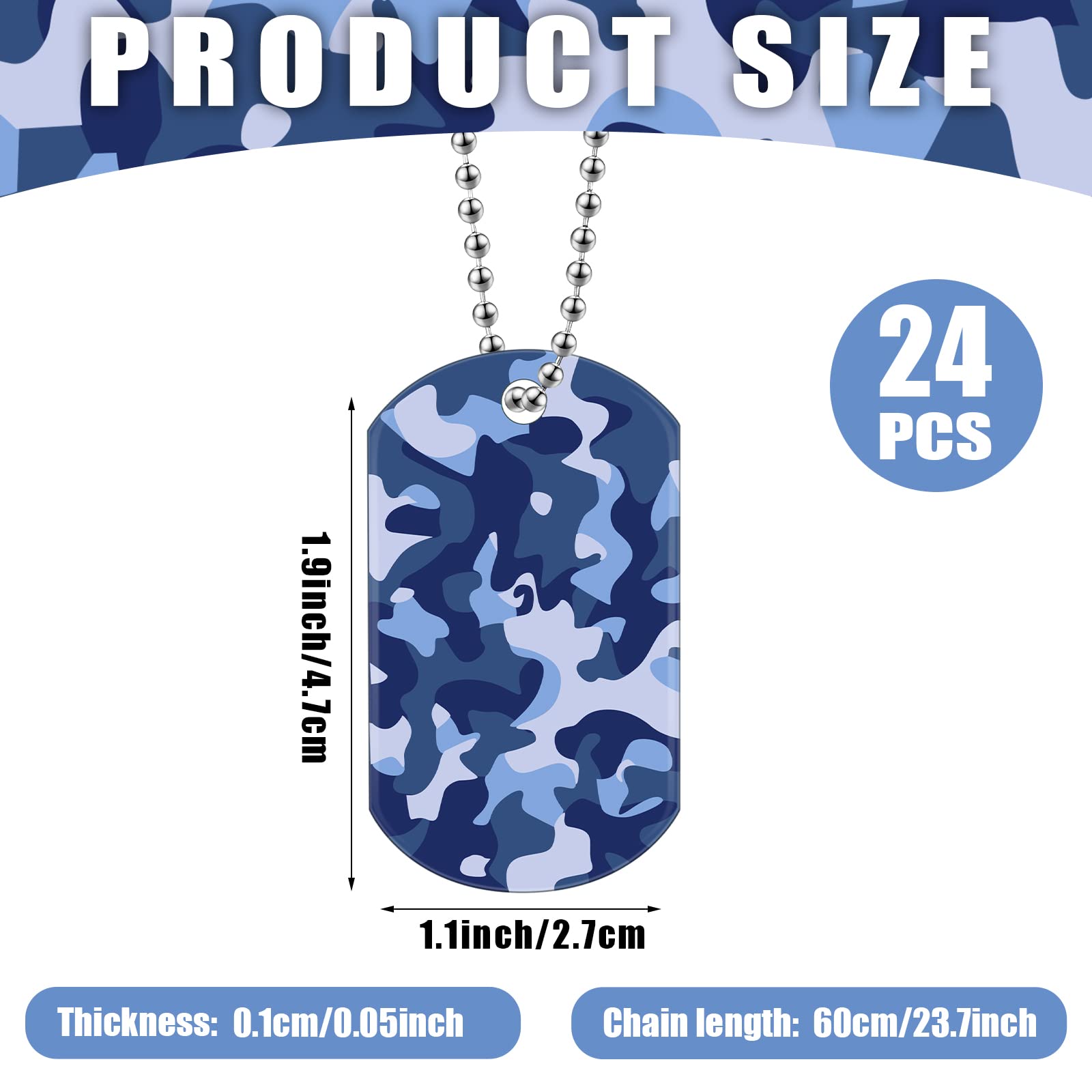 Saintrygo 24 Pcs Camouflage Dog Tags Military Acrylic Army Dog Tags Party Favors Camo Party Favors Camo Necklace With Metal Beaded Chain For Men Soldier Arm(Green, Blue, Khaki, Gray)