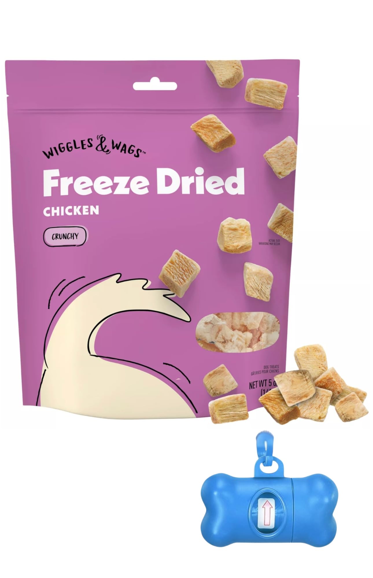 Wiggles & Wags Freeze Dried Chicken Dog Treats, 5 oz, with DN Essentials Bone Shaped Waste Bag Dispenser & Roll