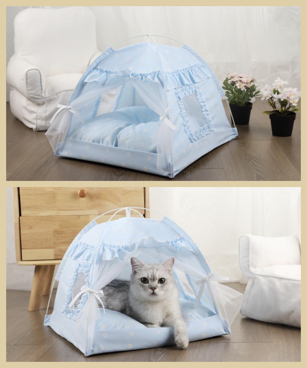 Cat Bed Tents Dog House Indoor Outdoor Lace Mesh Breathable Windows Door Curtains Removable Portable Nest Teepe House (Large,Blu