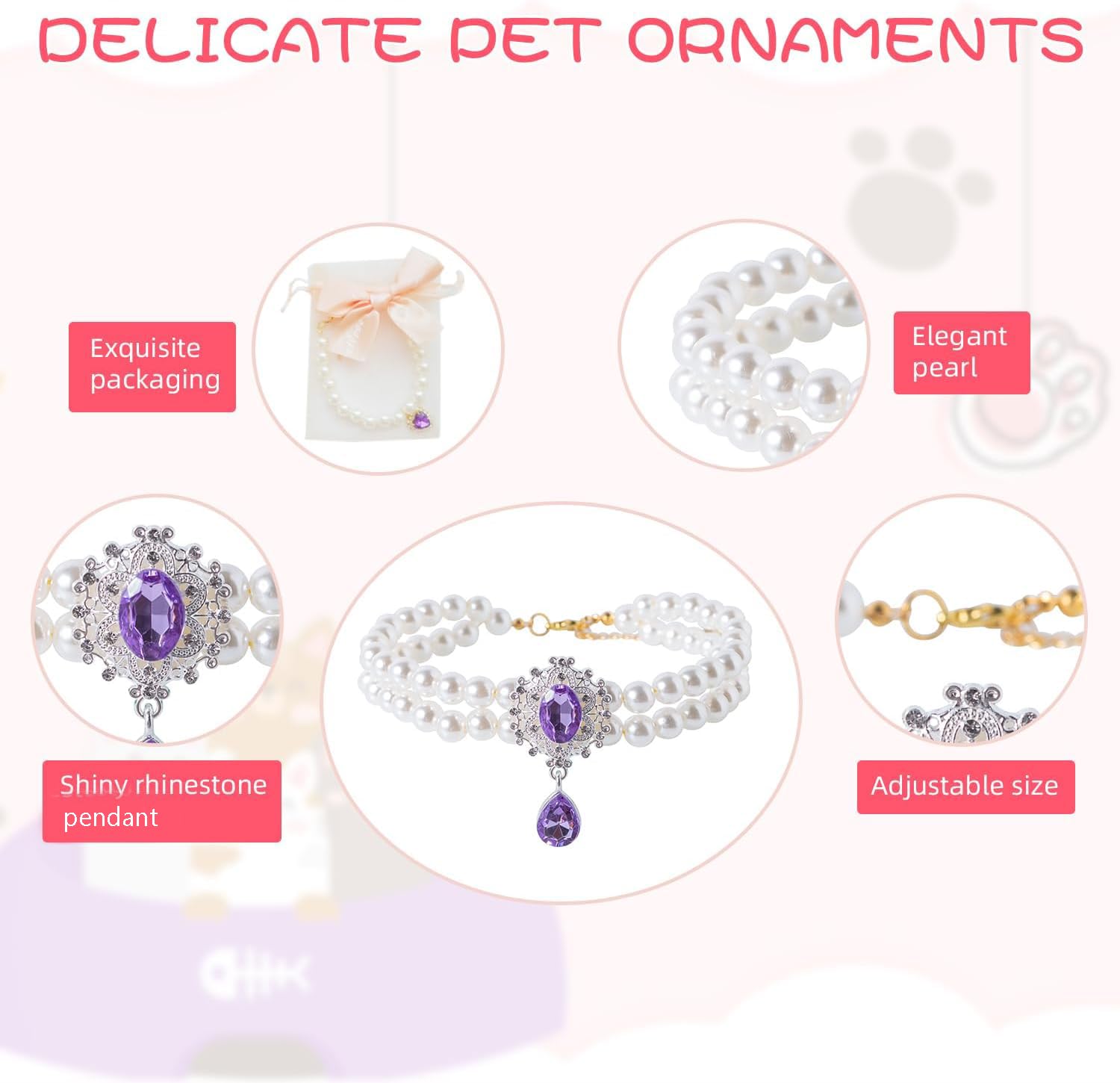 Daovace 2 Row Pearls Collar For Cats Pearl Dog Rhinestone Necklaces For Small Dogs Accessories Cat Pearl Collar (Small, Pink)