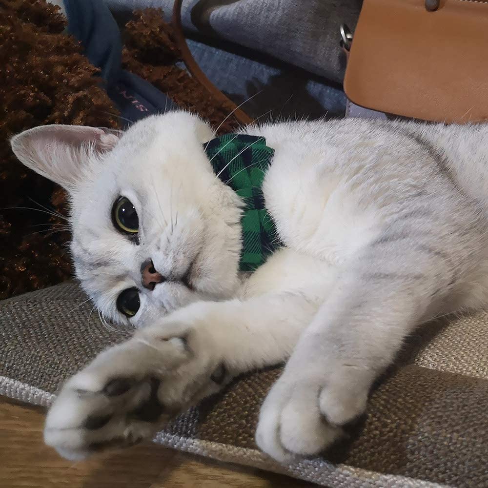 Cat Collar Breakaway With Bell And Bow Tie, Plaid Design Adjustable Safety Kitty Kitten Collars Set Of 2 Pcs (6.8-10.8In) (Green&Light Blue Brown)