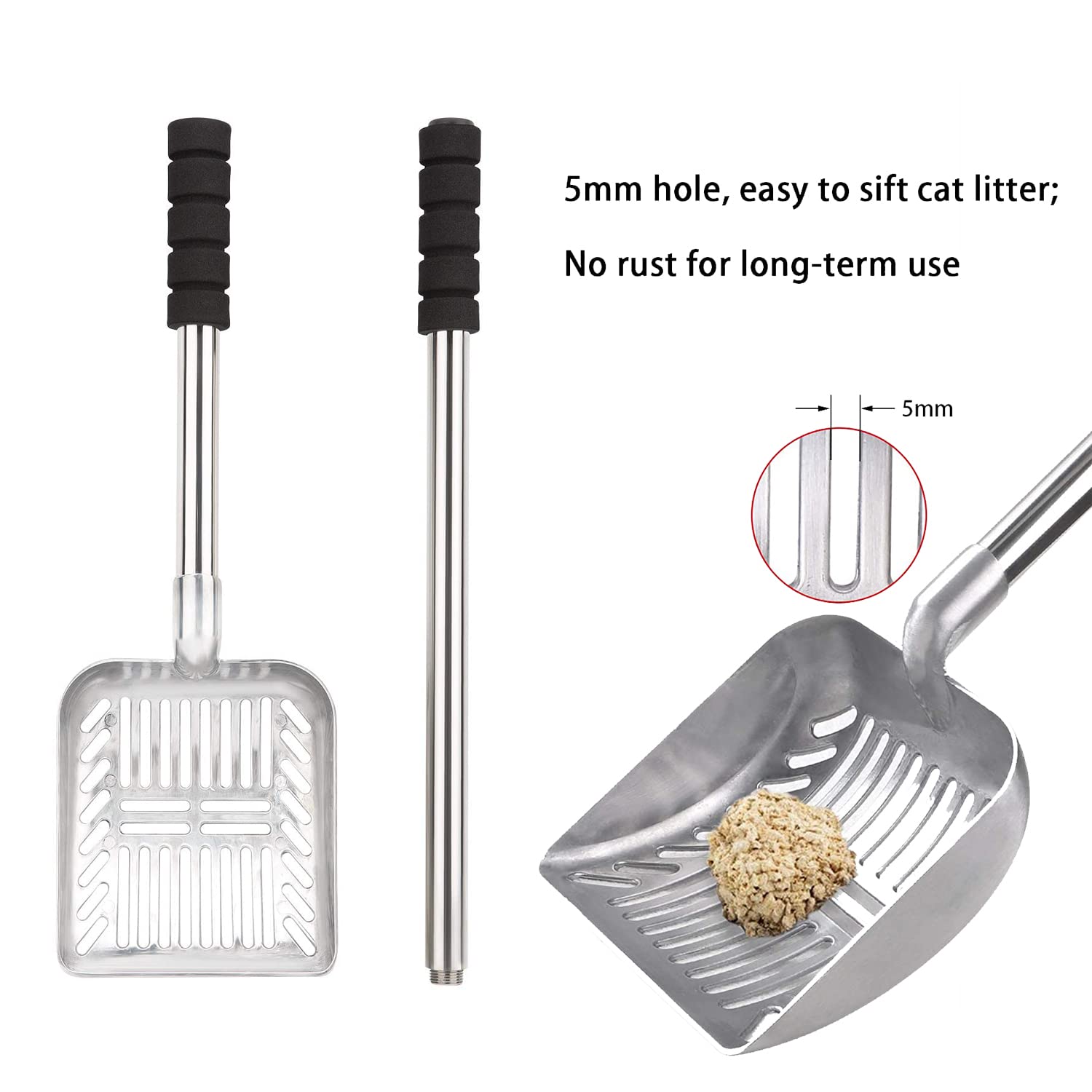 Cat Litter Scoop, Metal Long Handle Litter Scooper With Holder, Stainless Steel Detachable Litter Scoop With Foam Pad Grip, No B