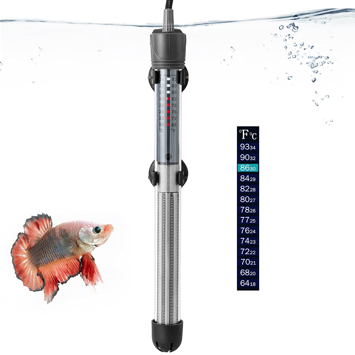 Hitop 25W 50W 100W 200W 300W Adjustable Aquarium Heater, Submersible Fish Tank Heater Thermostat With Suction Cup (200W)
