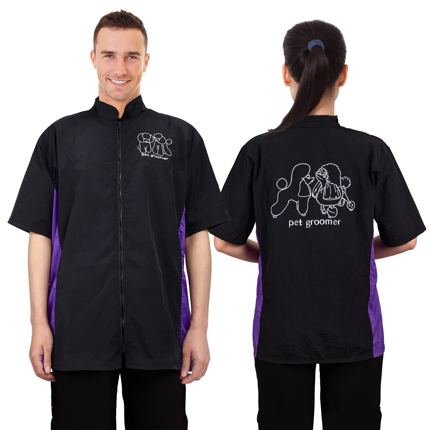 Noverlife Short Sleeves Pet Grooming Workwear With Full Zipper, 3Xl Size, Anti-Static Pet Beautician Smock, Lightweight Pet Groo