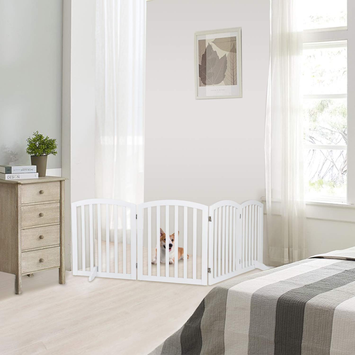 Bonnlo 30    Tall Free Standing Dog Gate For Doorways, 4 Panel Folding Pet Gates For The House Extra Wide, Indoor Dog Fence Wood